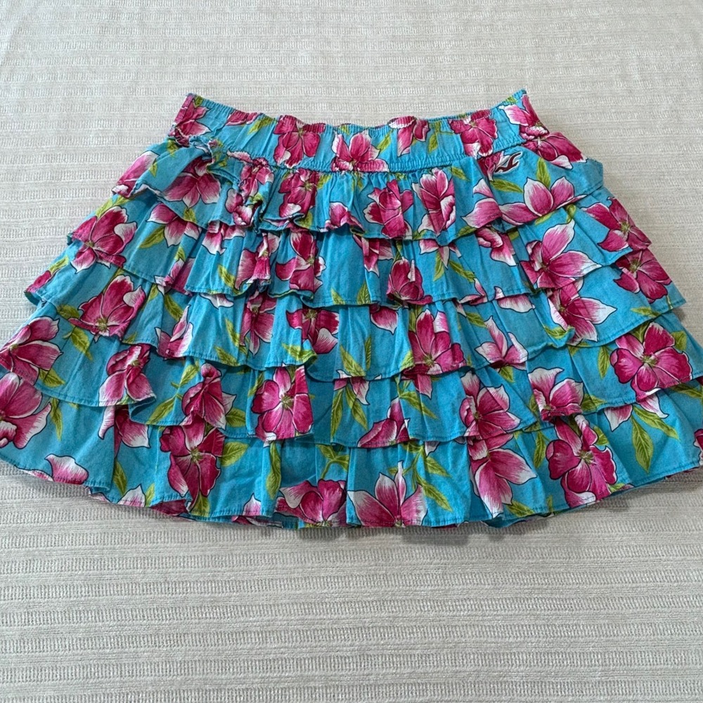 Hollister Blue Pink Floral Tiered Ruffle Mini Skirt Small Tropical Y2K Summer